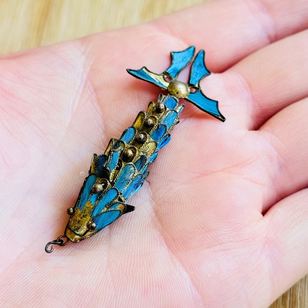 Antique Koi Fish Articulated Charm Pendant Vtg Blue Kingfisher Feather As Is